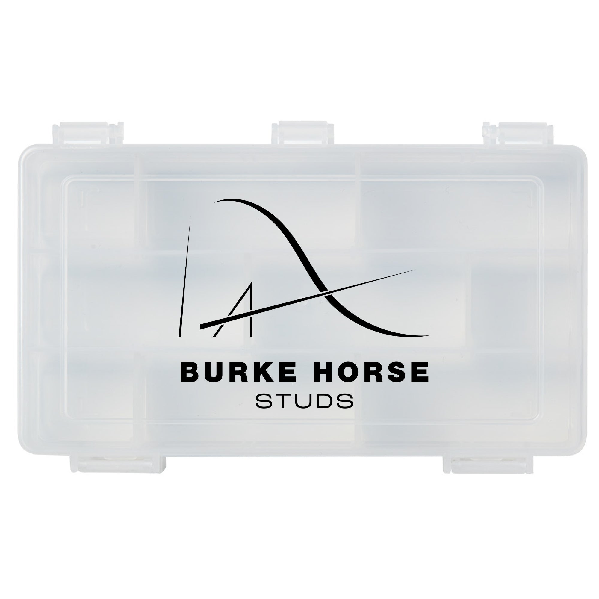Clear plastic container with Burke Horse Studs logo on a white background