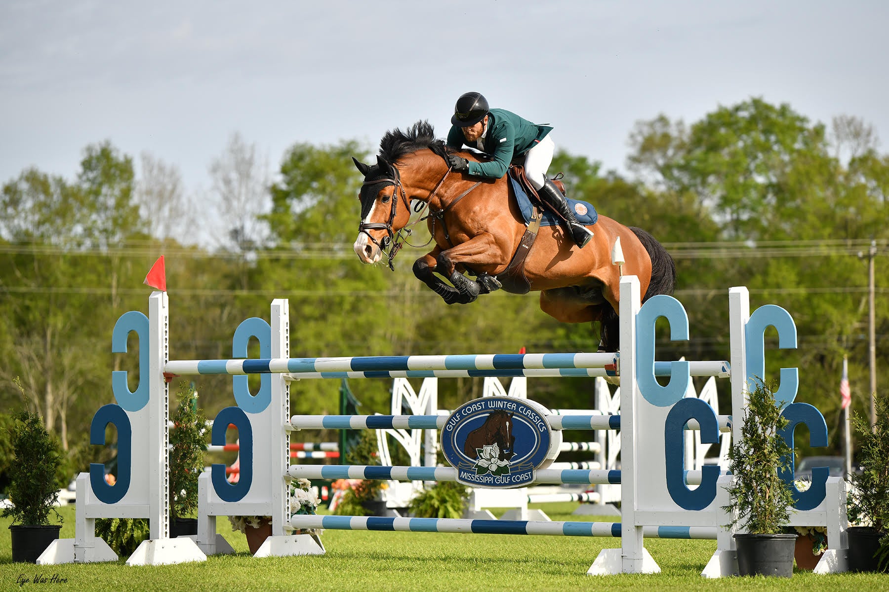 Horse and rider jumping over an obstacle in an equestrian setting.