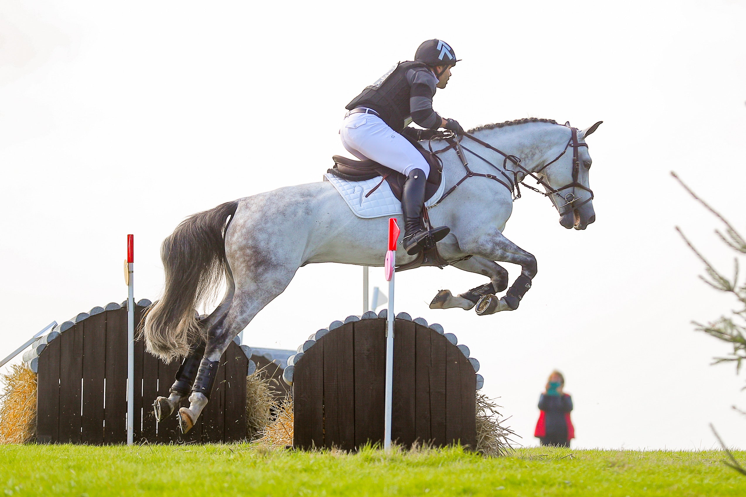 Horse and rider jumping over an obstacle in competition