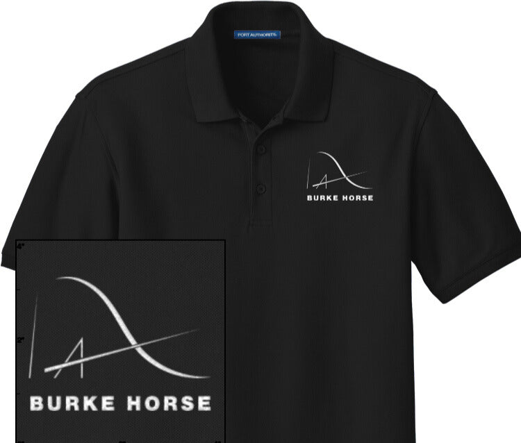 Black polo shirt with Burke Horse logo on a white background