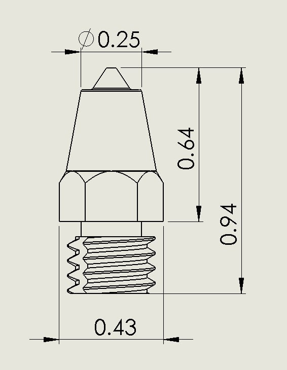 Dimensions of LJH stud
0.94 Overall Length
0.43 Diameter
0.64 Tip Length
0.25 Tip Diameter