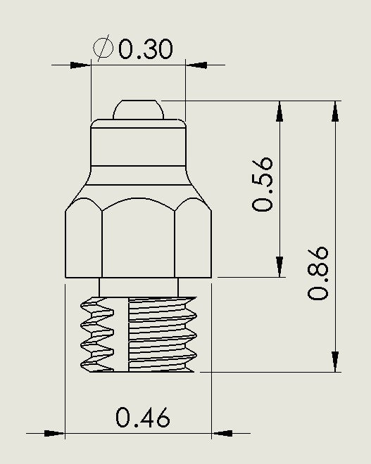 Dimensions of Mini Mudder stud
0.86 Overall Length
0.46 Diameter
0.56 Tip Length
0.30 Tip Diameter